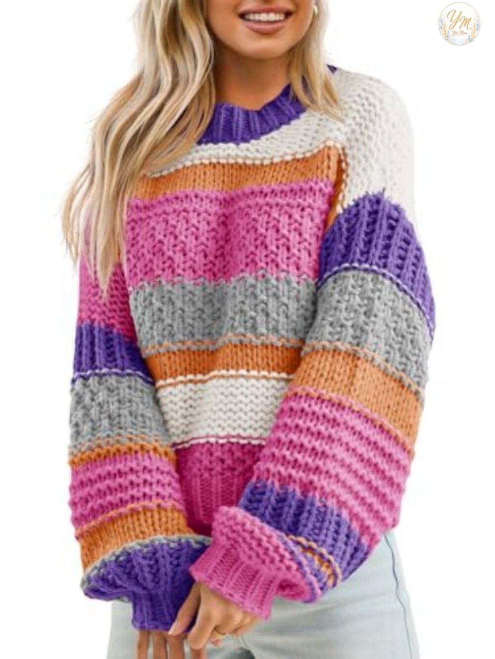 Chunky Knit Color Block Striped Cropped Sweater Pullover Crew Neck Long Sleeve